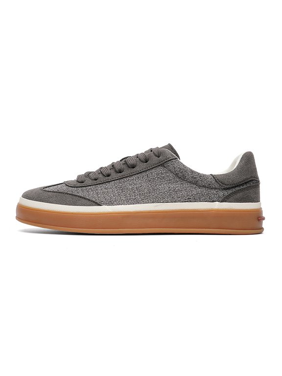 Men's Grey Mixed-Material Retro Sneakers with Gum Sole, Casual Minimalist Shoes