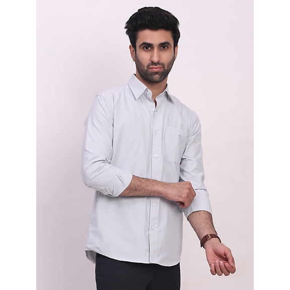 Men's Grey Poplin Cotton Checkered Regular Fit Formal Shirt
