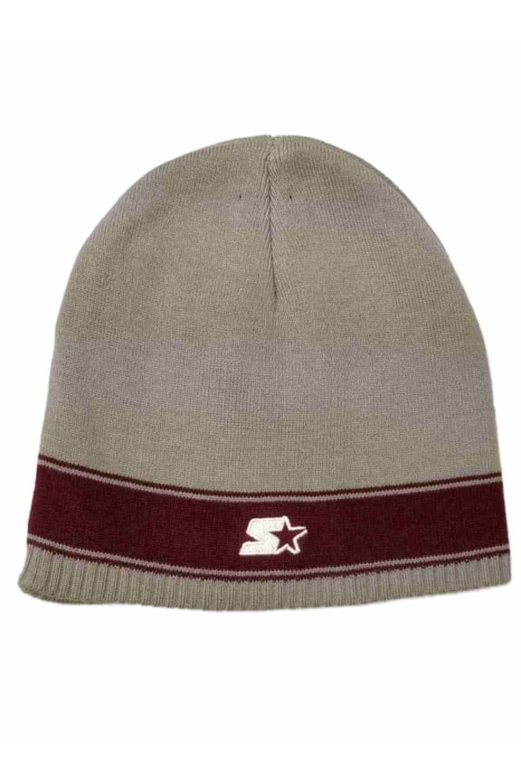 Men's Grey With Maroon Stripe Winter Beanie Stocking Cap Hat