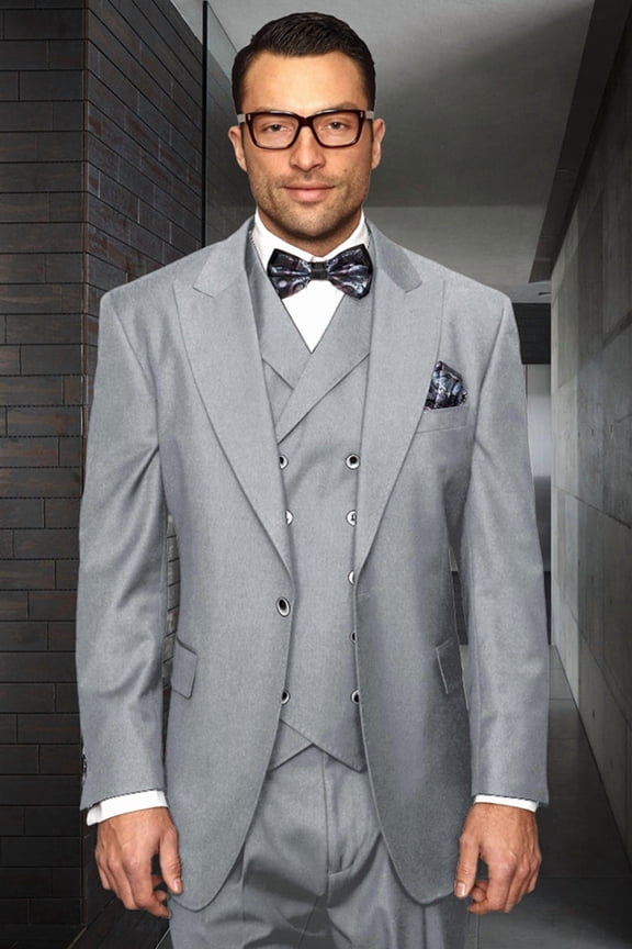 Men's  Grey Wool Peak Lapel Suit Gray 50 Long