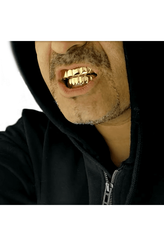 Men's Grillz Set Gold Finish Six Top & Bottom 6 Teeth Plain Hip Hop Premade Mouth Grills