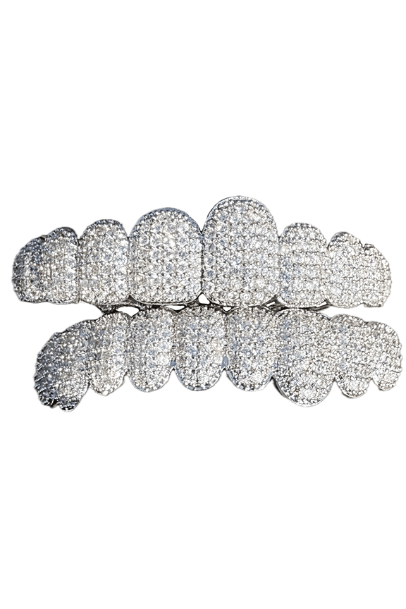 Men's Grillz Set Silver Tone 10 Top and Ten Bottom Teeth Iced CZ Bling Out Hip Hop Grills