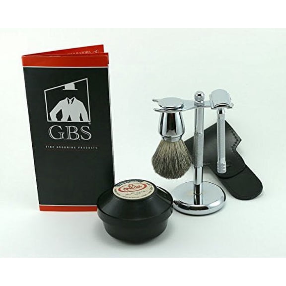 Men's Grooming Set with Merkur 23001 Razor, Omega Shaving Cream, Chrome Badge...