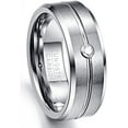 thumbnail image 1 of Men's Grooved Tungsten Carbide Rings 8mm Silver Wedding Bands with Cubic Zirconia Inlay Beveled Edges Matte Finish, 1 of 6