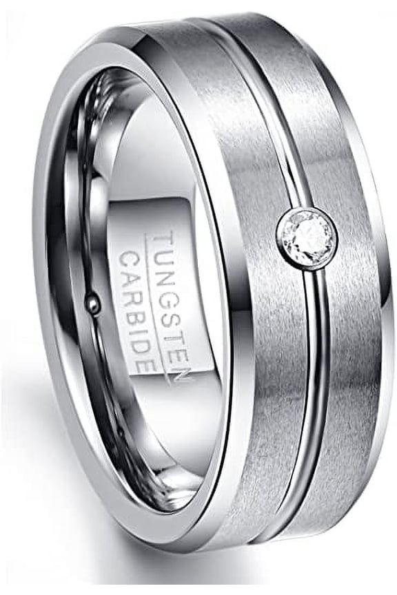Men's Grooved Tungsten Carbide Rings 8mm Silver Wedding Bands with Cubic Zirconia Inlay Beveled Edges Matte Finish