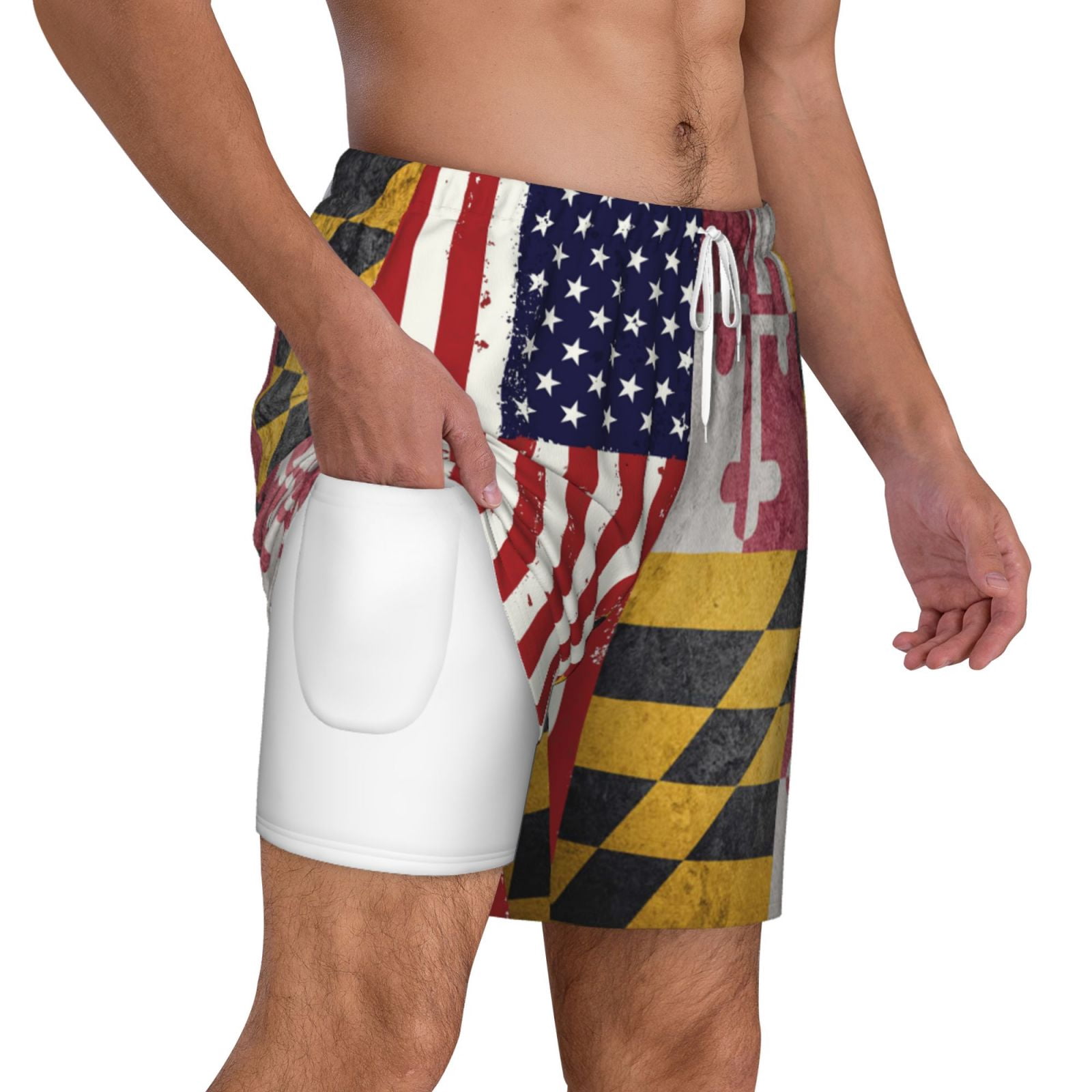 Men's Grunge America Maryland Flag Swim Trunks with Compression Liner Bathing Suit Swimwear