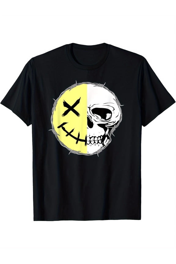 Men's Grunge Graphic Split Skull Smiley Barbed Wire T-Shirt