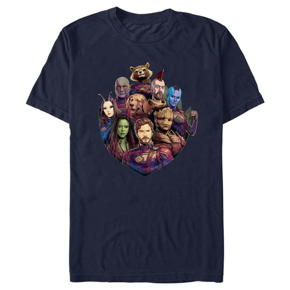 Men's Guardians of the Galaxy Vol. 3 Group Badge Graphic Tee Navy Blue Large