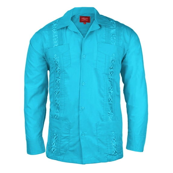 Men's Guayabera Cuban Beach Long Sleeve Button Up Casual Dress Wedding Shirt, Atoll Blue, M