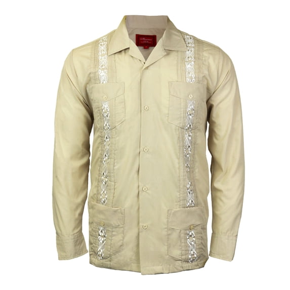 Men's Guayabera Cuban Beach Long Sleeve Button Up Casual Dress Wedding Shirt, Black, XL