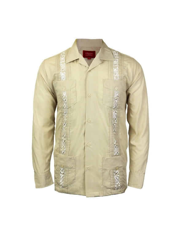 Men's Guayabera Cuban Beach Long Sleeve Button Up Casual Dress Wedding Shirt, Black, XL