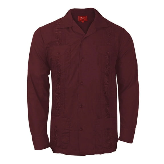 Men's Guayabera Cuban Beach Long Sleeve Button Up Casual Dress Wedding Shirt, Burgundy, L