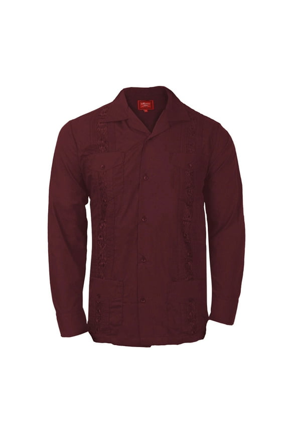 Men's Guayabera Cuban Beach Long Sleeve Button Up Casual Dress Wedding Shirt, Burgundy, XL