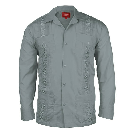 Men's Guayabera Cuban Beach Long Sleeve Button Up Casual Dress Wedding Shirt, Grey, L