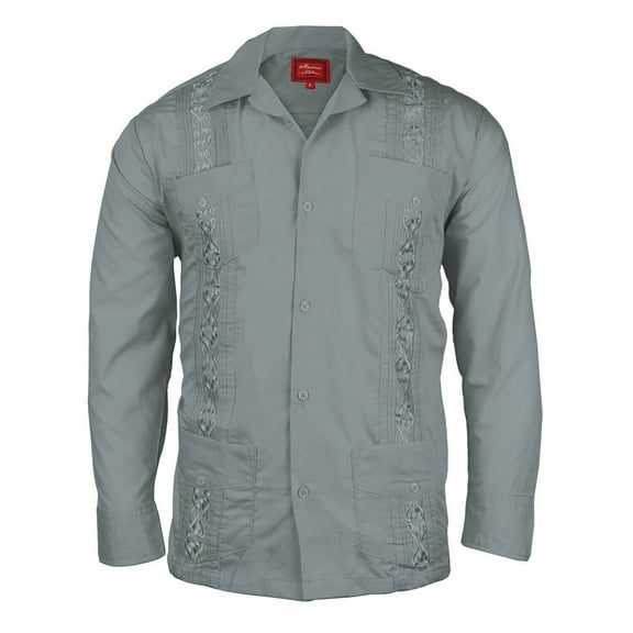 Men's Guayabera Cuban Beach Long Sleeve Button Up Casual Dress Wedding Shirt, Grey, S
