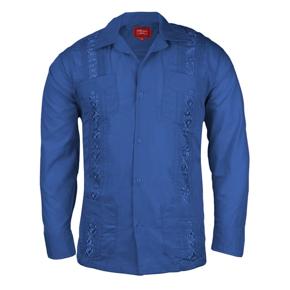 Men's Guayabera Cuban Beach Long Sleeve Button Up Casual Dress Wedding Shirt, Royal Blue, 2XL