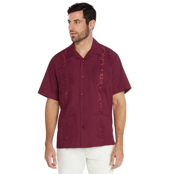 Men's Guayabera Cuban Beach Wedding Casual Short Sleeve Dress Shirt (Burgundy, L)