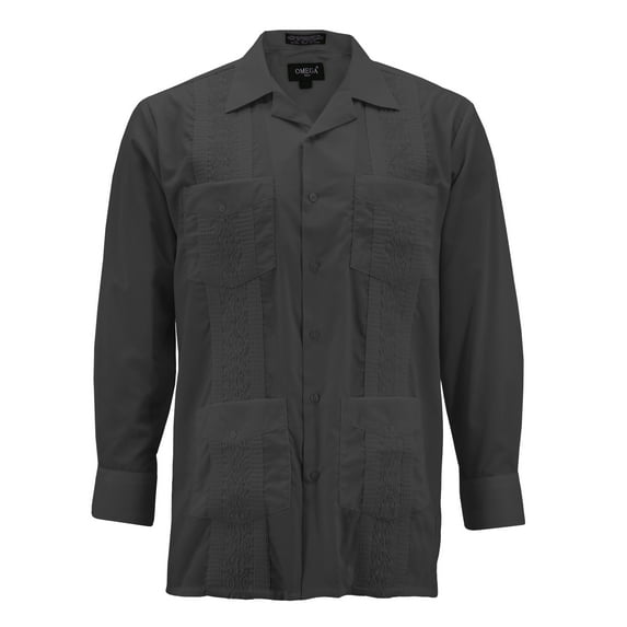 Men's Guayabera Long Sleeve Button Up Cuban Beach Casual Embroidered Dress Shirt (Black, XL)