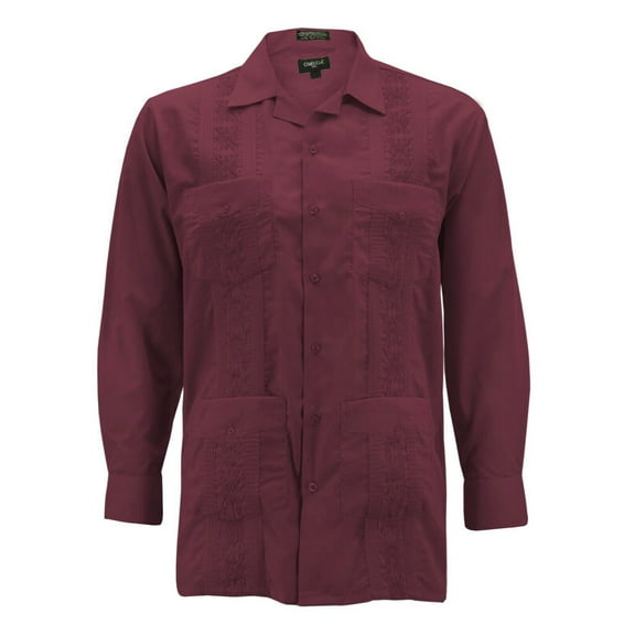Men's Guayabera Long Sleeve Button Up Cuban Beach Casual Embroidered Dress Shirt (Burgundy, L)