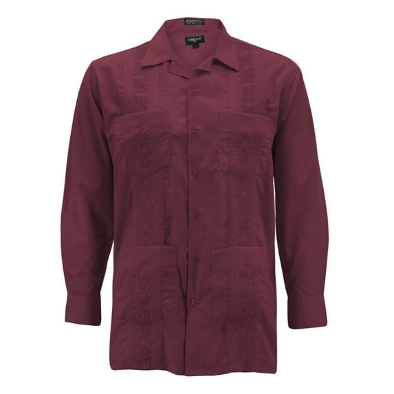 Men's Guayabera Long Sleeve Button Up Cuban Beach Casual Embroidered Dress Shirt (Burgundy, M)
