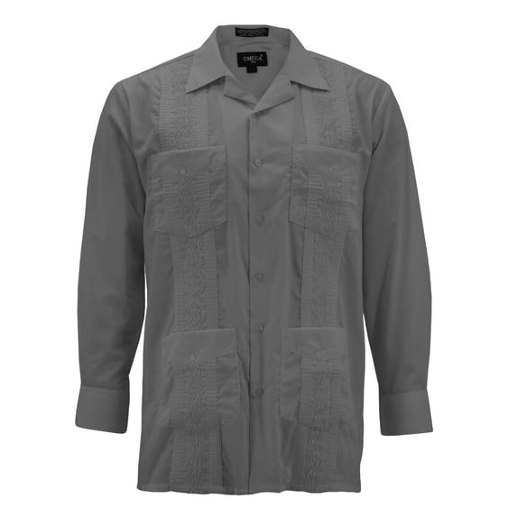 Men's Guayabera Long Sleeve Button Up Cuban Beach Casual Embroidered Dress Shirt (Charcoal, XL)