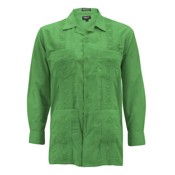 Men's Guayabera Long Sleeve Button Up Cuban Beach Casual Embroidered Dress Shirt (Classic Green, 2XL)