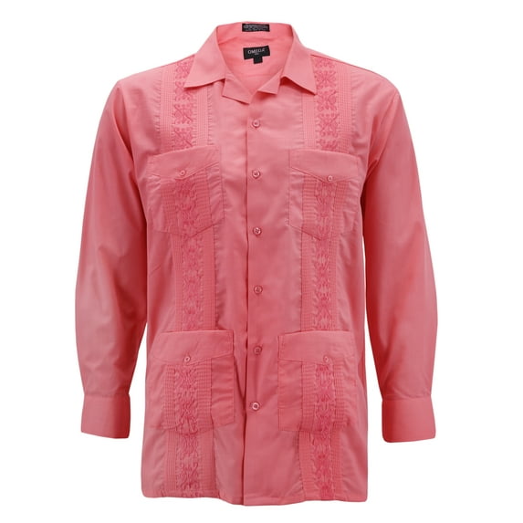 Men's Guayabera Long Sleeve Button Up Cuban Beach Casual Embroidered Dress Shirt (Coral, M)