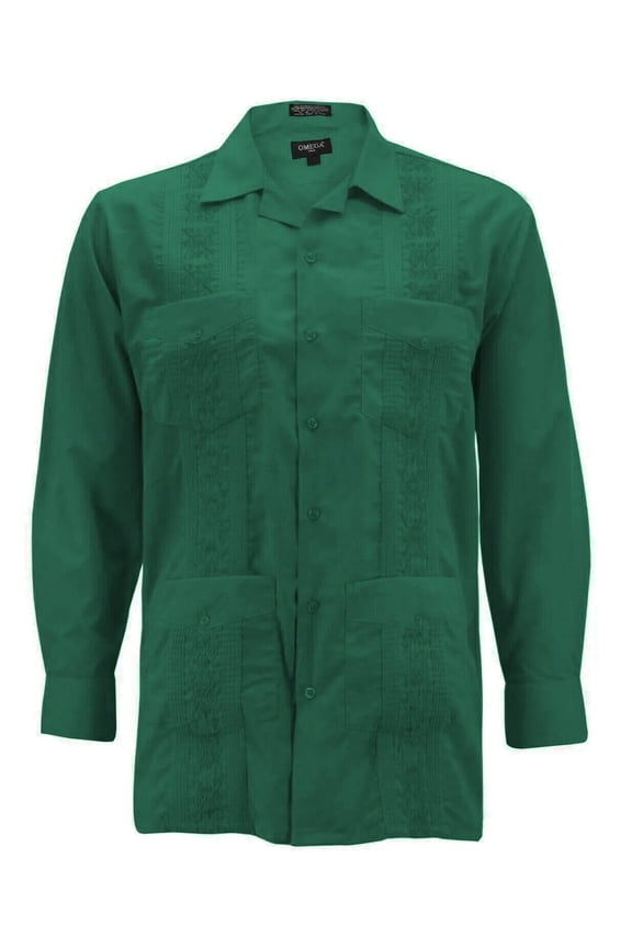 Men's Guayabera Long Sleeve Button Up Cuban Beach Casual Embroidered Dress Shirt (Hunter, 2XL)
