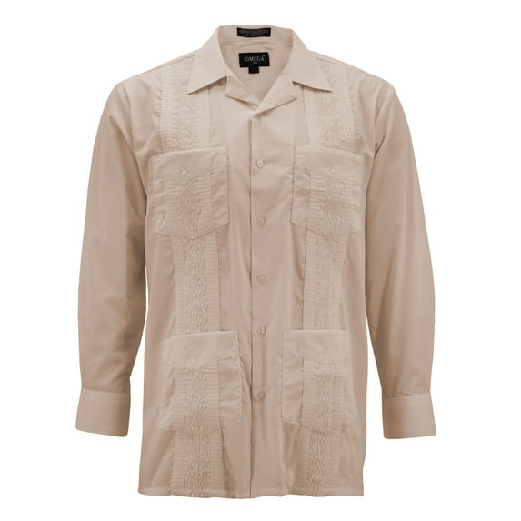 Men's Guayabera Long Sleeve Button Up Cuban Beach Casual Embroidered Dress Shirt (Khaki, 2XL)