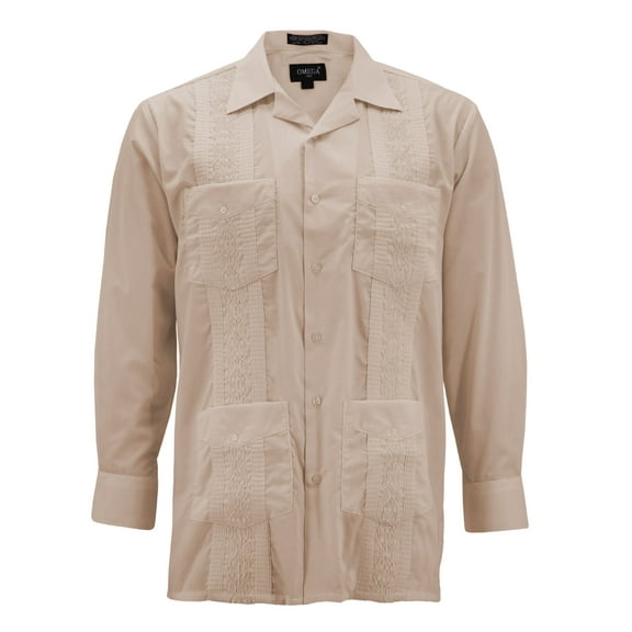 Men's Guayabera Long Sleeve Button Up Cuban Beach Casual Embroidered Dress Shirt (Khaki, L)