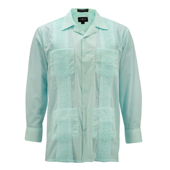 Men's Guayabera Long Sleeve Button Up Cuban Beach Casual Embroidered Dress Shirt (Mint, 3XL)