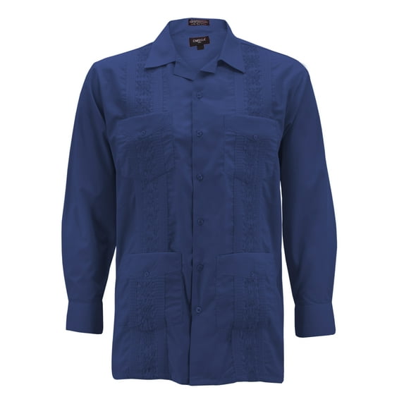 Men's Guayabera Long Sleeve Button Up Cuban Beach Casual Embroidered Dress Shirt (Navy, XL)