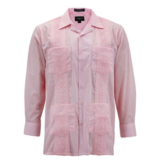 Men's Guayabera Long Sleeve Button Up Cuban Beach Casual Embroidered Dress Shirt (Pink 2XL)