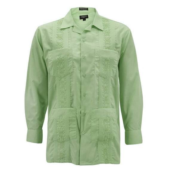 Men's Guayabera Long Sleeve Button Up Cuban Beach Casual Embroidered Dress Shirt (Pistachio, L)