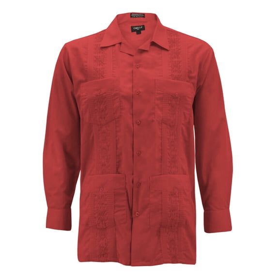 Men's Guayabera Long Sleeve Button Up Cuban Beach Casual Embroidered Dress Shirt (Red, L)