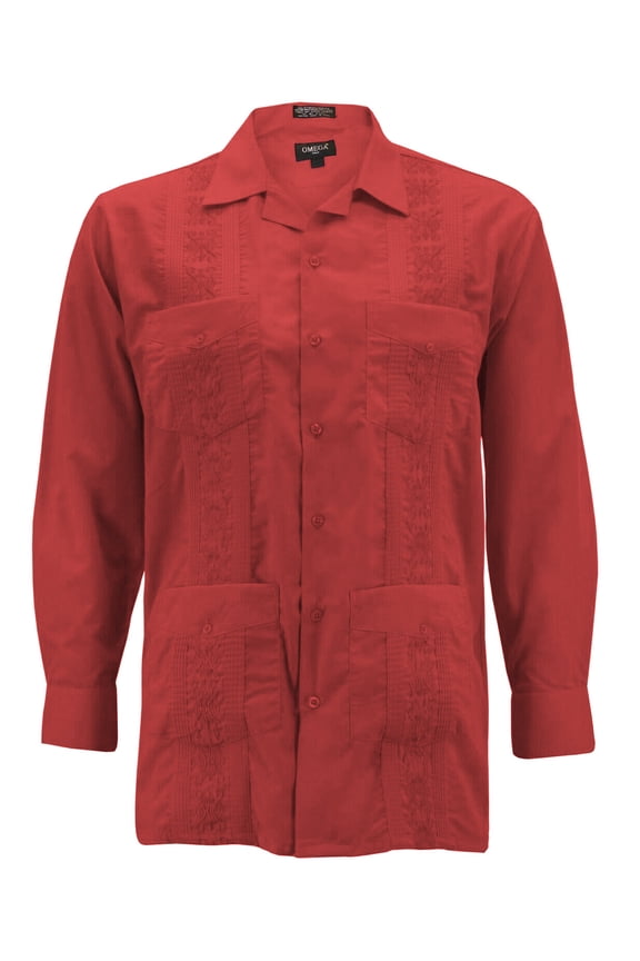 Men's Guayabera Long Sleeve Button Up Cuban Beach Casual Embroidered Dress Shirt (Red, L)