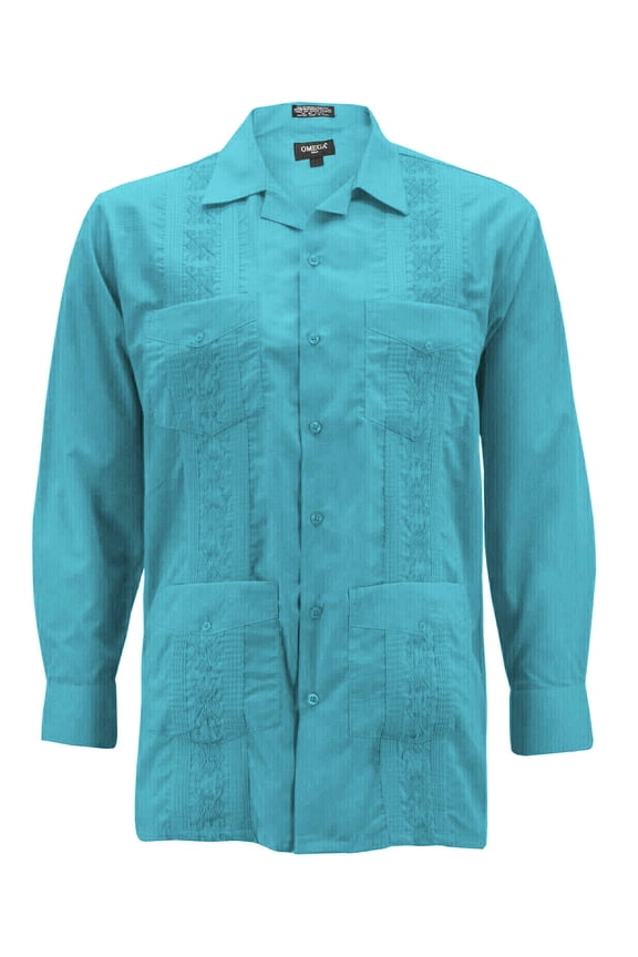 Men's Guayabera Long Sleeve Button Up Cuban Beach Casual Embroidered Dress Shirt (Turquoise, M)