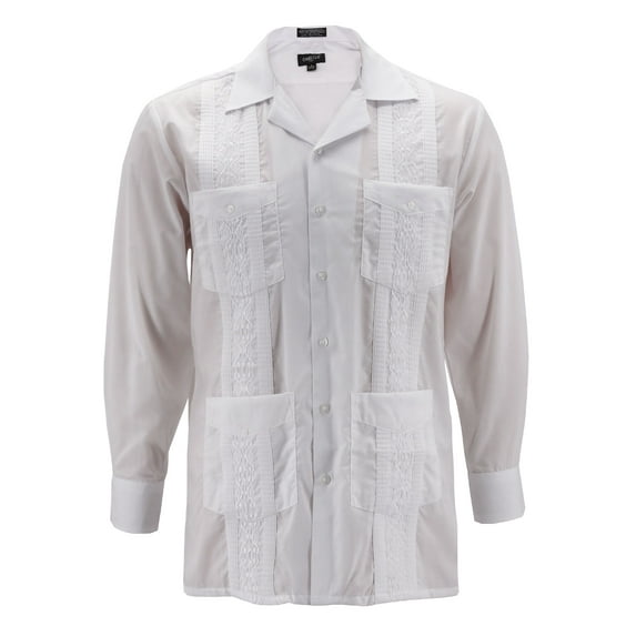 Men's Guayabera Long Sleeve Button Up Cuban Beach Casual Embroidered Dress Shirt (White, M)
