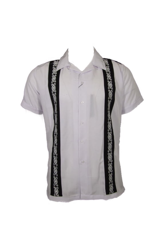 Men's Guayabera Shirt Embroidered Stripe Casual Cuba Beach Wedding Button Up Tee, Black White, M