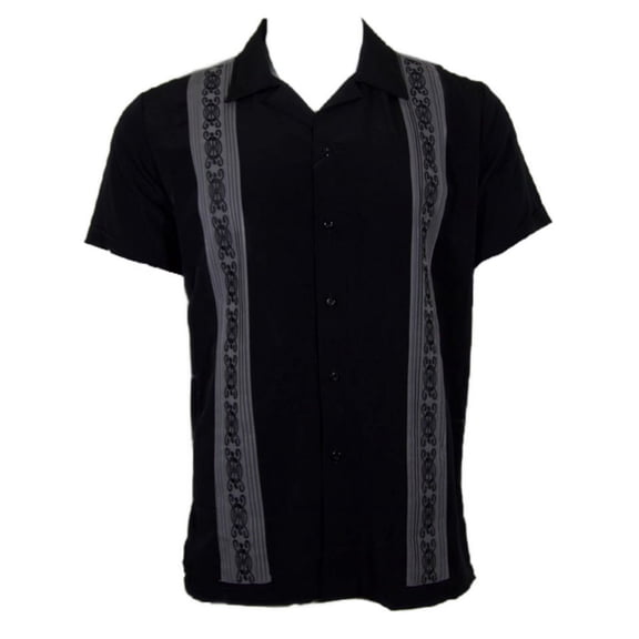 Men's Guayabera Shirt Embroidered Stripe Casual Cuba Beach Wedding Button Up Tee, Dark Gray Black, M