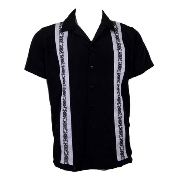 Men's Guayabera Shirt Embroidered Stripe Casual Cuba Beach Wedding Button Up Tee, White Black, S