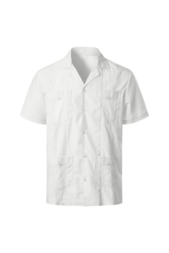 Men's Guayabera Shirts Button Down Shirts Turn Down Collared Casual Short Sleeve Blouse with 4 Pockets Lapel Neck Solid Color Embroidered Eyelet Shirts Summer Fashion Clothes for Male White XXXL