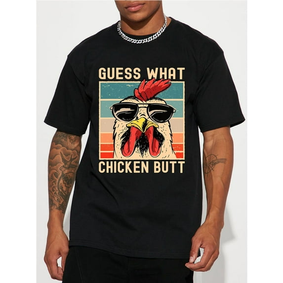 Men's "Guess What Chicken Butt" Graphic T-Shirt - Funny Casual Short Sleeve Summer Tee, Black with Colorful Rooster Design, Lightweight Polyester, Machine Washable, Chicken Gifts