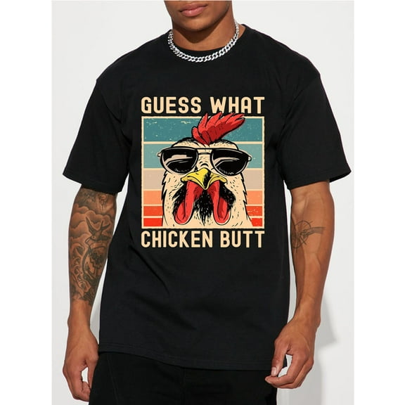 Men's "Guess What Chicken Butt" Graphic T-Shirt - Funny Casual Short Sleeve Summer Tee, Black with Colorful Rooster Design, Lightweight Polyester, Machine Washable, Chicken Gifts