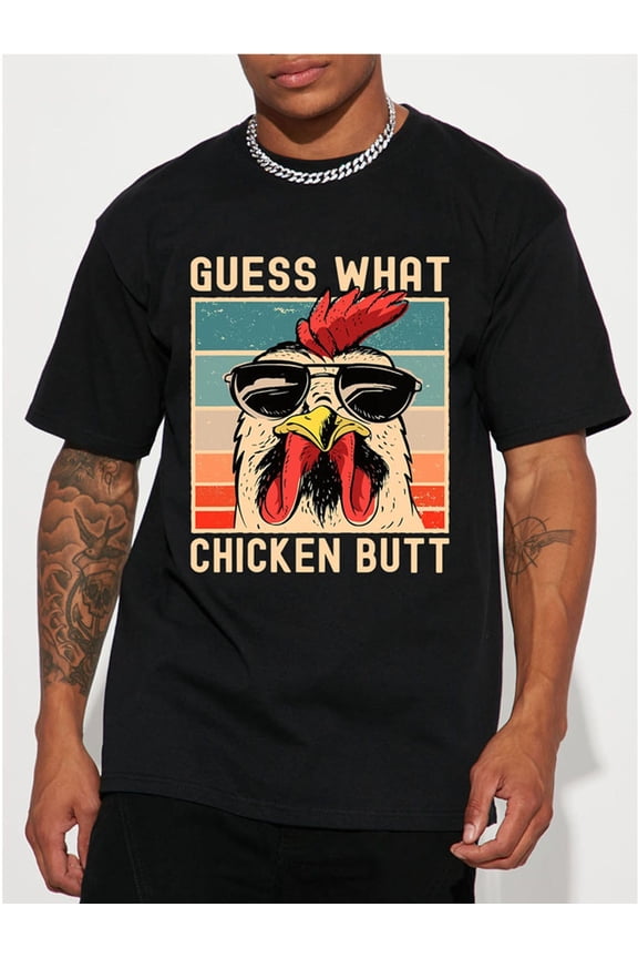 Men's "Guess What Chicken Butt" Graphic T-Shirt - Funny Casual Short Sleeve Summer Tee, Black with Colorful Rooster Design, Lightweight Polyester, Machine Washable, Chicken Gifts