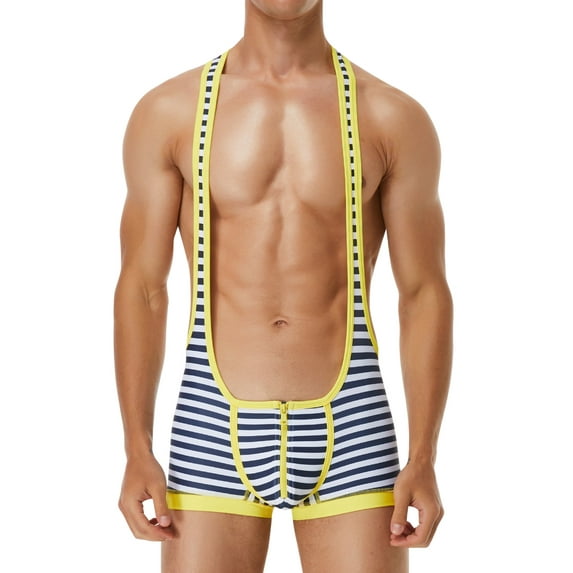 Men's Gym Athletic Bodysuit Boxers Wrestling Singlet One Piece Sport Leotard Underwear Bodywear Jumpsuit Catsuit Clubwear Yellow Medium