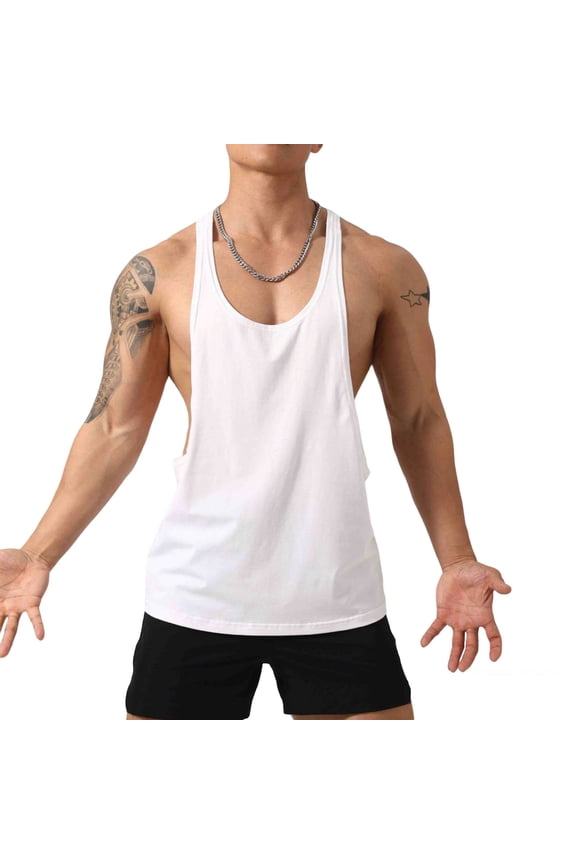 Men's Gym Bodybuilding Stringer Cotton Moisture Wicking Tank Top Workout Muscle Cut Shirt Fitness Sleeveless Vest White