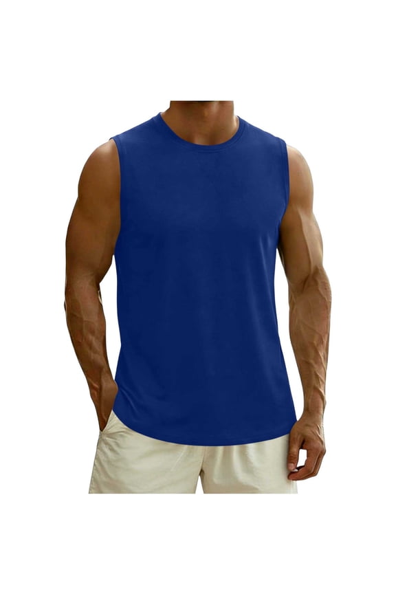 Men's Gym Tank Tops Solid Color Sleeveless Blouses Round-Neck Pullover Casual And Fashionable Tank Top Weightlifting Stretch-Fit Compression