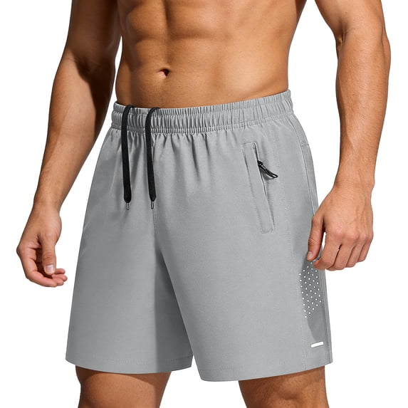 Men's Gym Training Shorts Solid Elastic Waist Drawstring Zipper Pockets Quick Dry Breathable 5 Inch Workout Fitness Sports Shorts Gray L