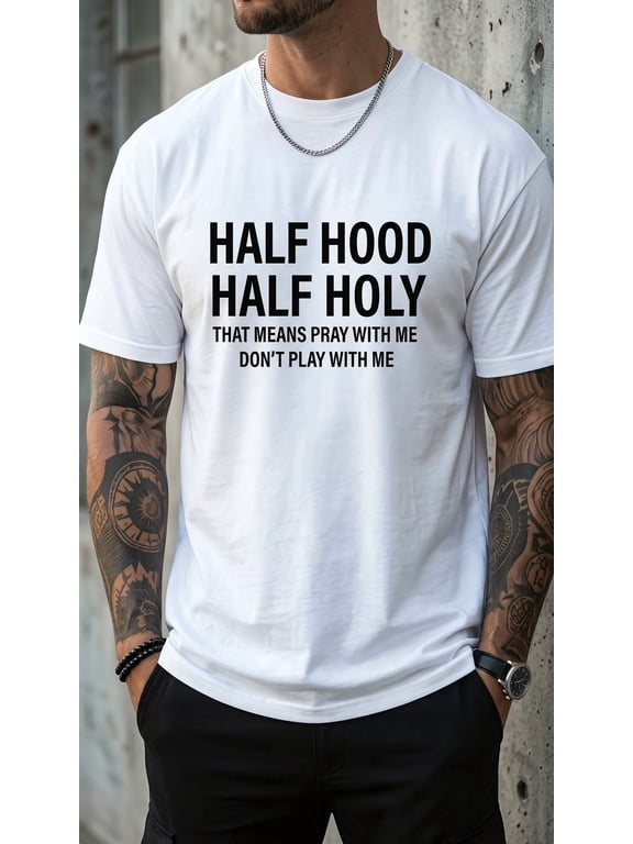 Men's Casual Graphic T Shirt Half Hood Half Holy White